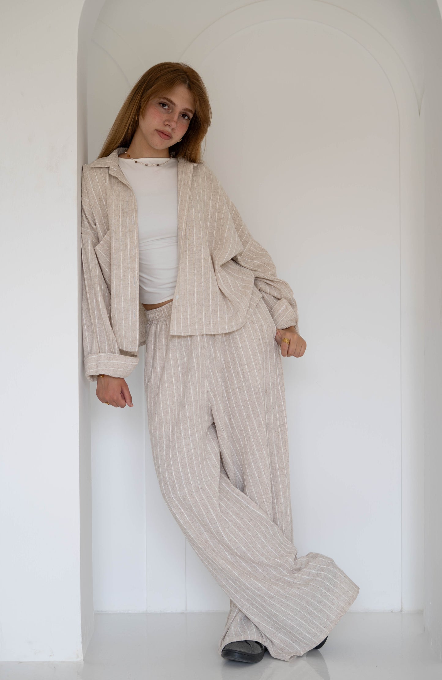 Linen Suit Bage & White