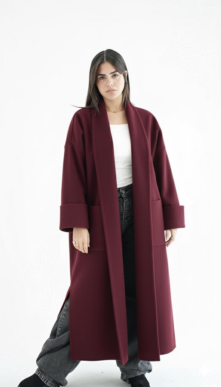 Wool long coat in burgundy